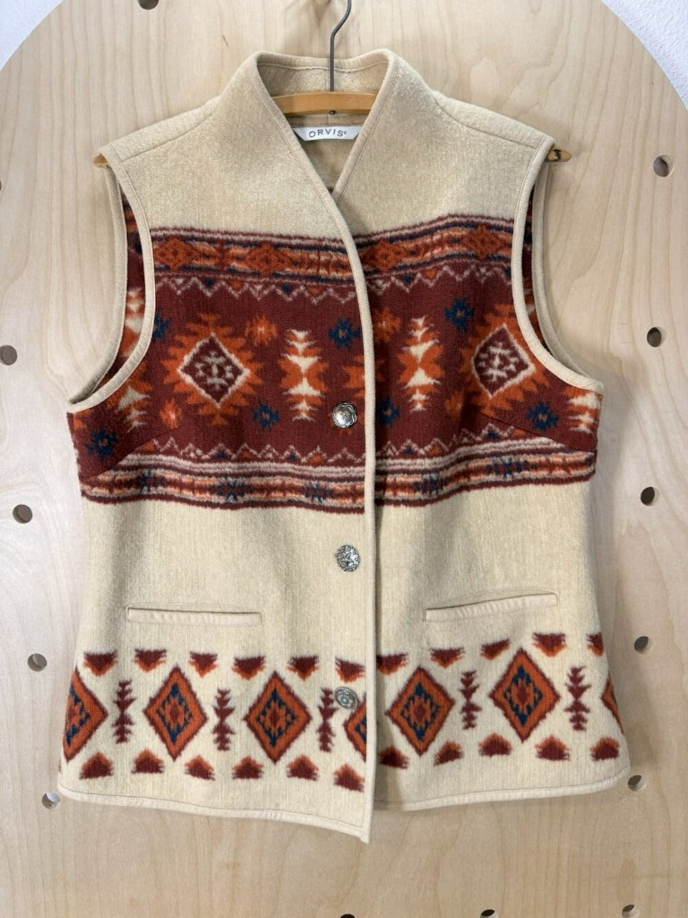 Orvis Womens Medium Southwestern Aztec Fleece Vest Button Front Pockets - Picture 2 of 13